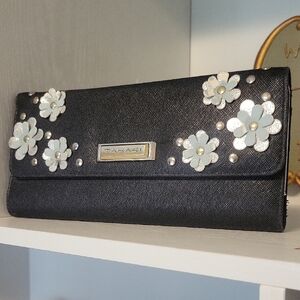 Tahari Black tri fold Clutch with Cream Floral Embellishments magnet close